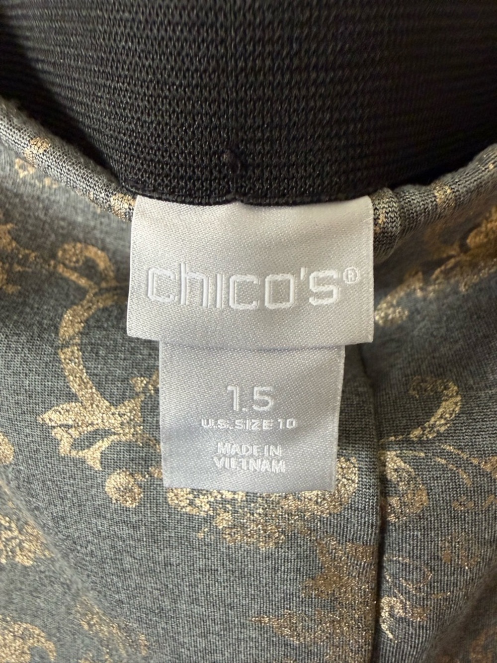 Chico's Gray pants with Gold Metallic Scroll Pattern - Picture 4 of 10